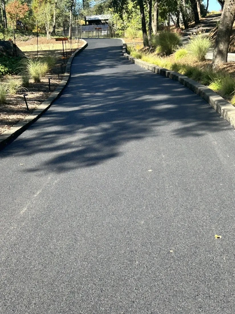 Finished driveway with concrete block curbing and landscaped borders