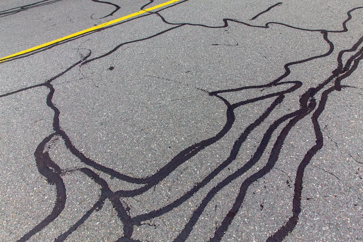 Sealed cracks winding across an asphalt surface beside a yellow painted line